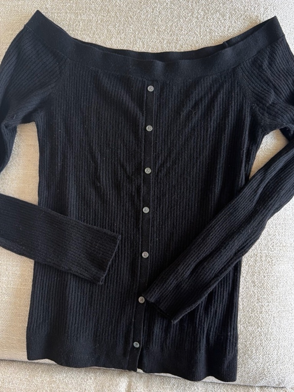 Frame Black Off-Shoulder Ribbed Button-Front Sweater
